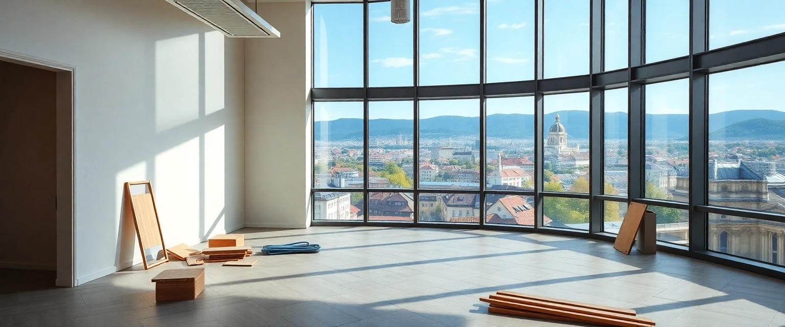 Leeres Büro mit Blick auf eine Schweizer Stadt, bereit für den Rückbau