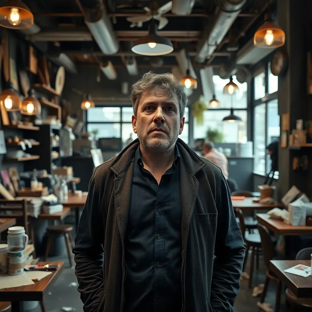 Frustrierter Geschäftsinhaber beim Café-Rückbau