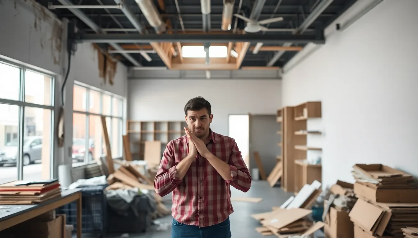 Gestresster Ladenbesitzer vor einer unordentlichen Baustelle