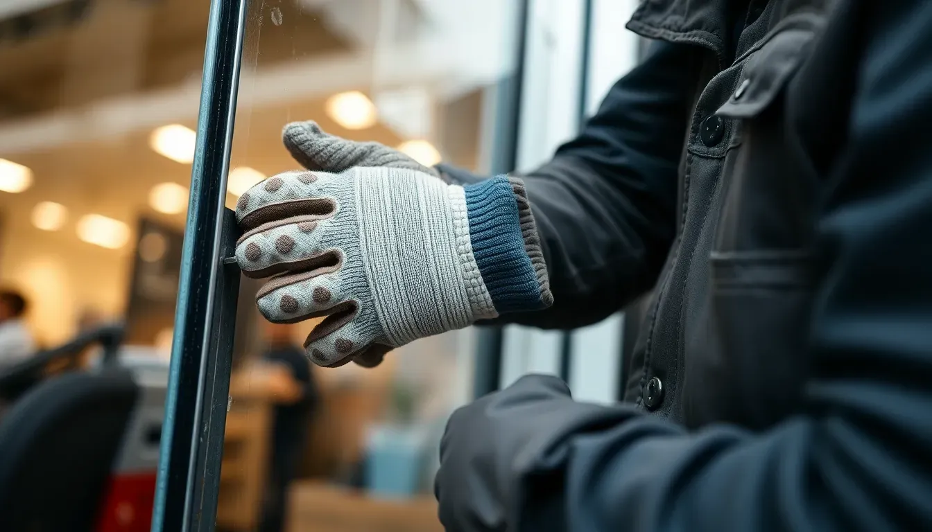 Mitarbeiter bei der präzisen Demontage eines Schaufensterrahmens