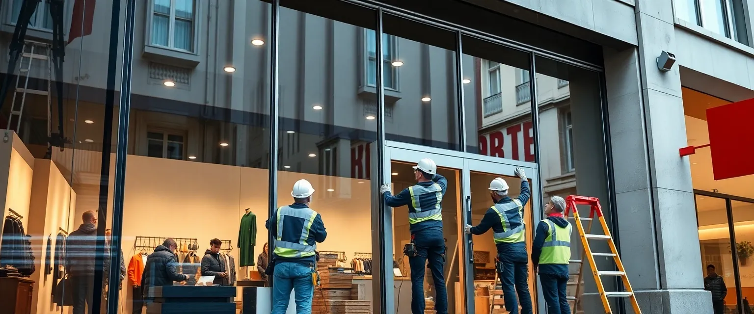 Professionelles Team bei der Demontage eines Schaufensters in der Schweiz