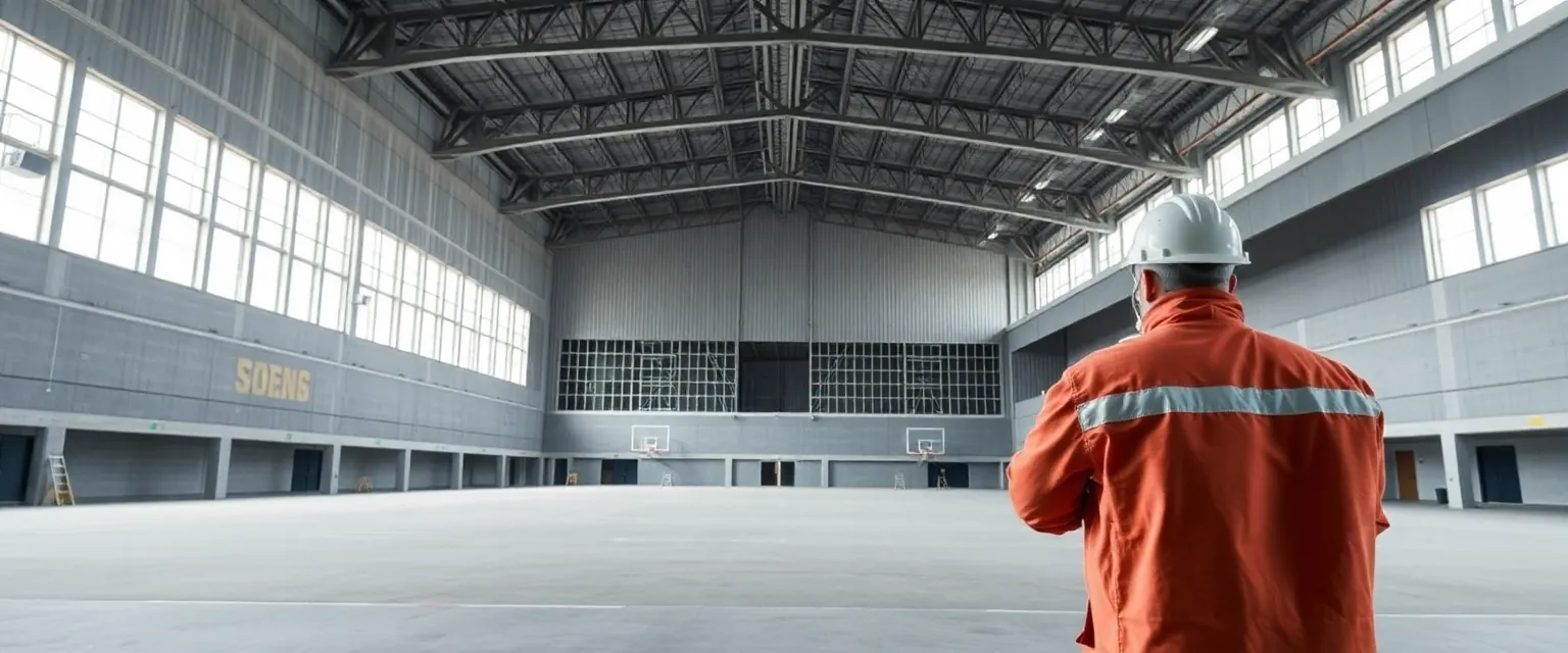 Leere Sporthalle nach professioneller Demontage in der Schweiz