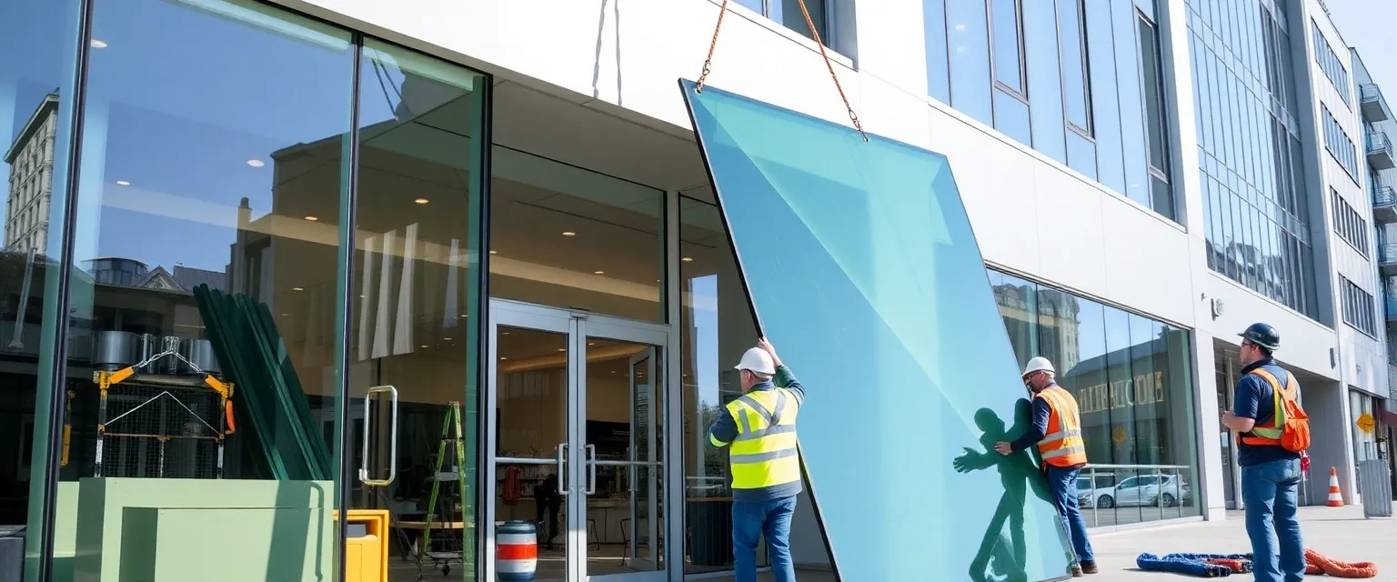 Professionelle Demontage von Verglasungen an einem modernen Geschäftsgebäude in der Schweiz