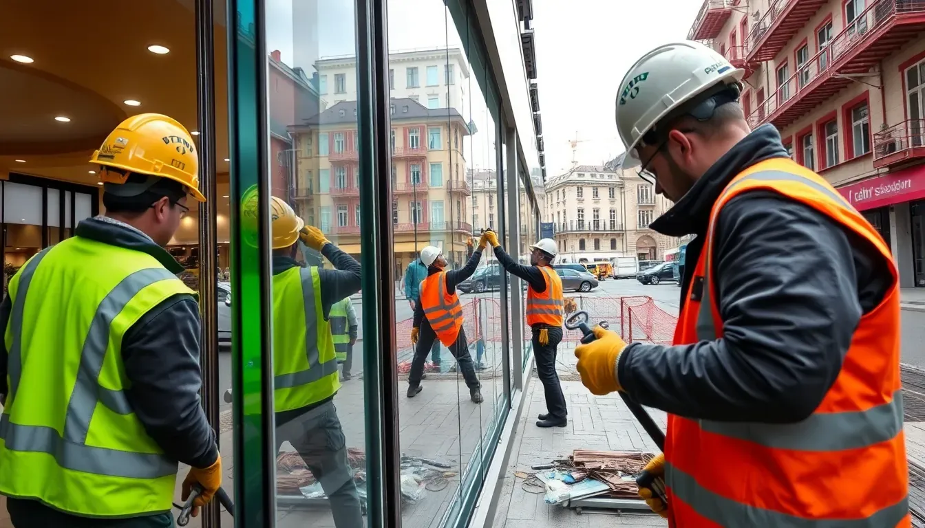 Team bei der Demontage von Verglasungen in einem Geschäft