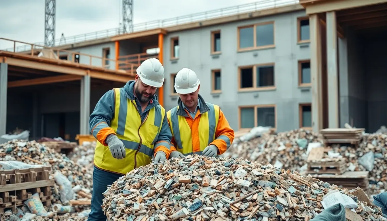 Bauarbeiter sortieren Materialien auf Baustelle
