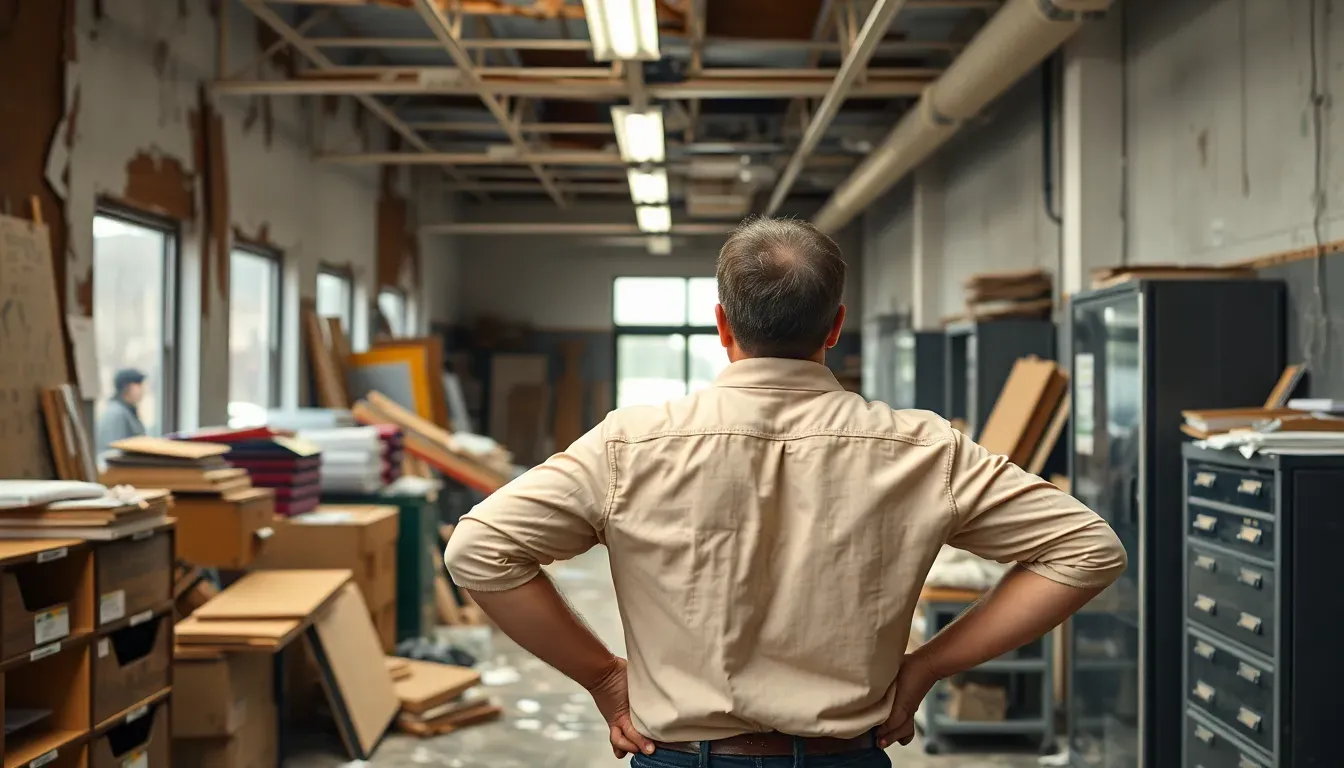 Frustrierter Geschäftsinhaber in einer Baustelle
