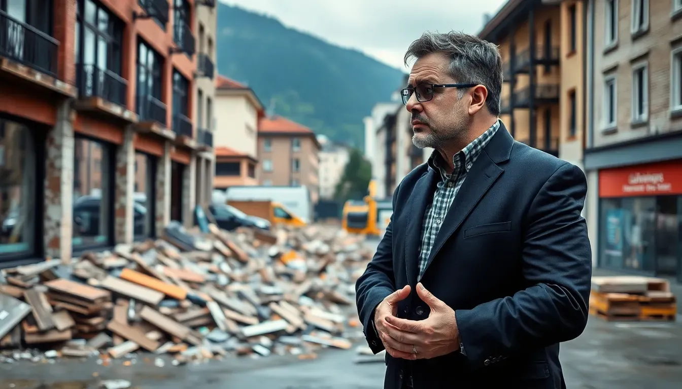 Frustrierter Geschäftsinhaber angesichts einer chaotischen Rückbaustelle