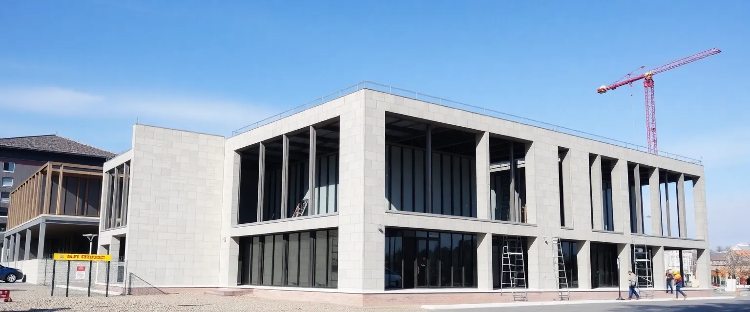 Fertiggestellter Rohbau eines modernen Gewerbegebäudes in der Schweiz