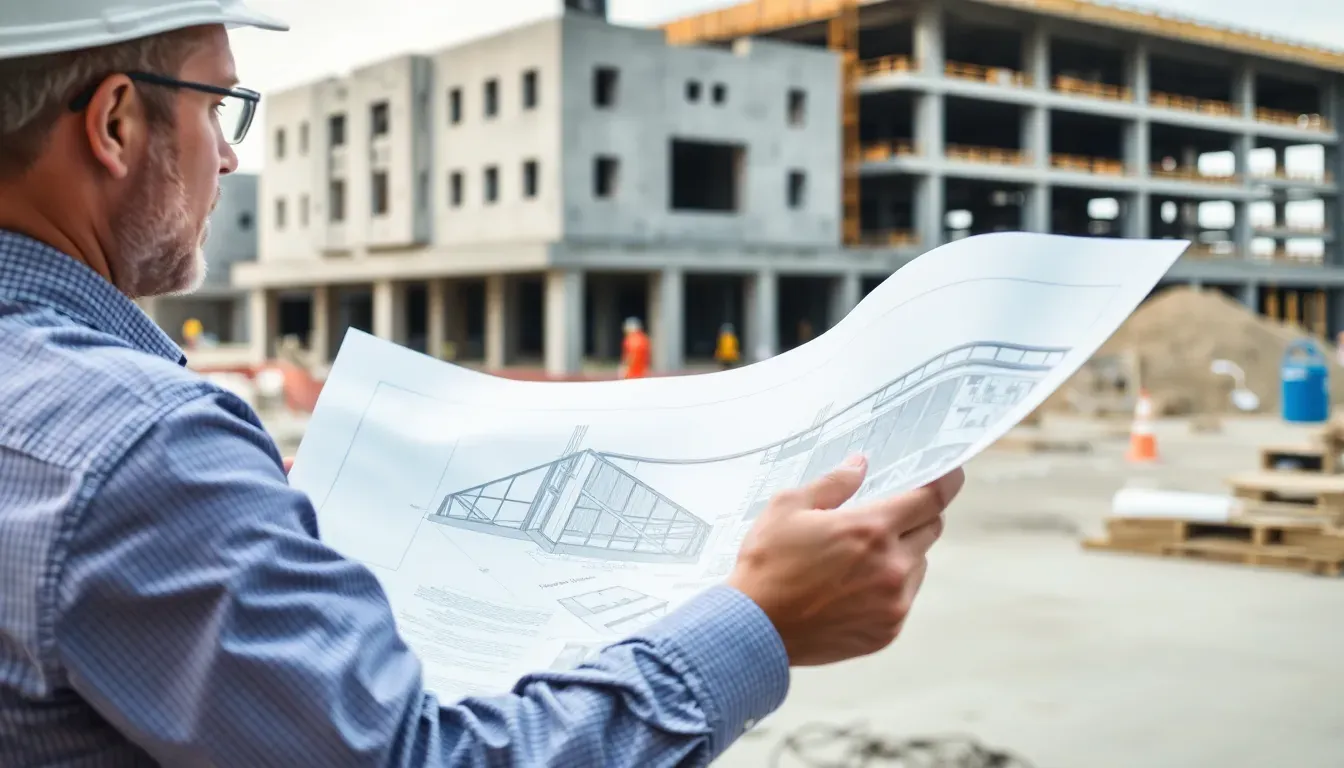 Architekt prüft Pläne für Rohbau Geschäftsräume