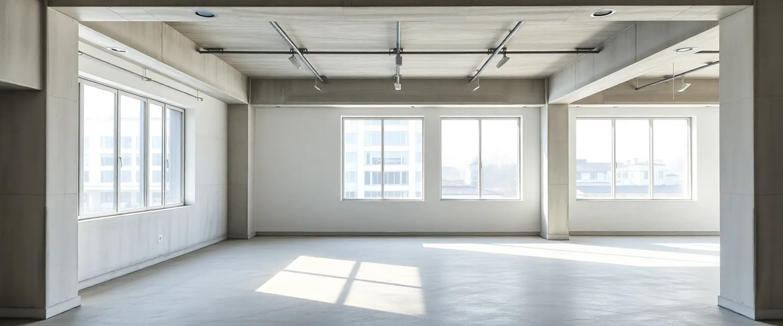 Leere Gewerbefläche im Rohbauzustand in einer Schweizer Stadt, bereit für den Umbau