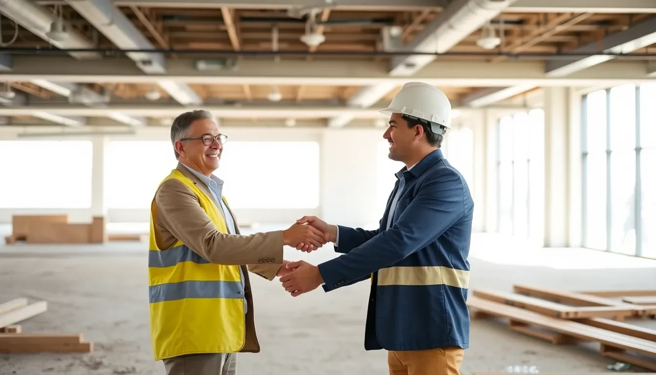 Geschäftsinhaber schüttelt Bauleiter die Hand in einem frisch entkernten Gewerberaum