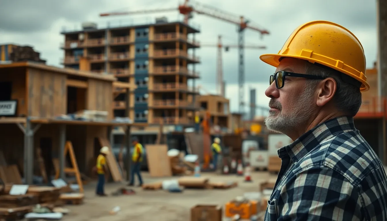 Frustrierter Geschäftsinhaber blickt auf eine chaotische Baustelle