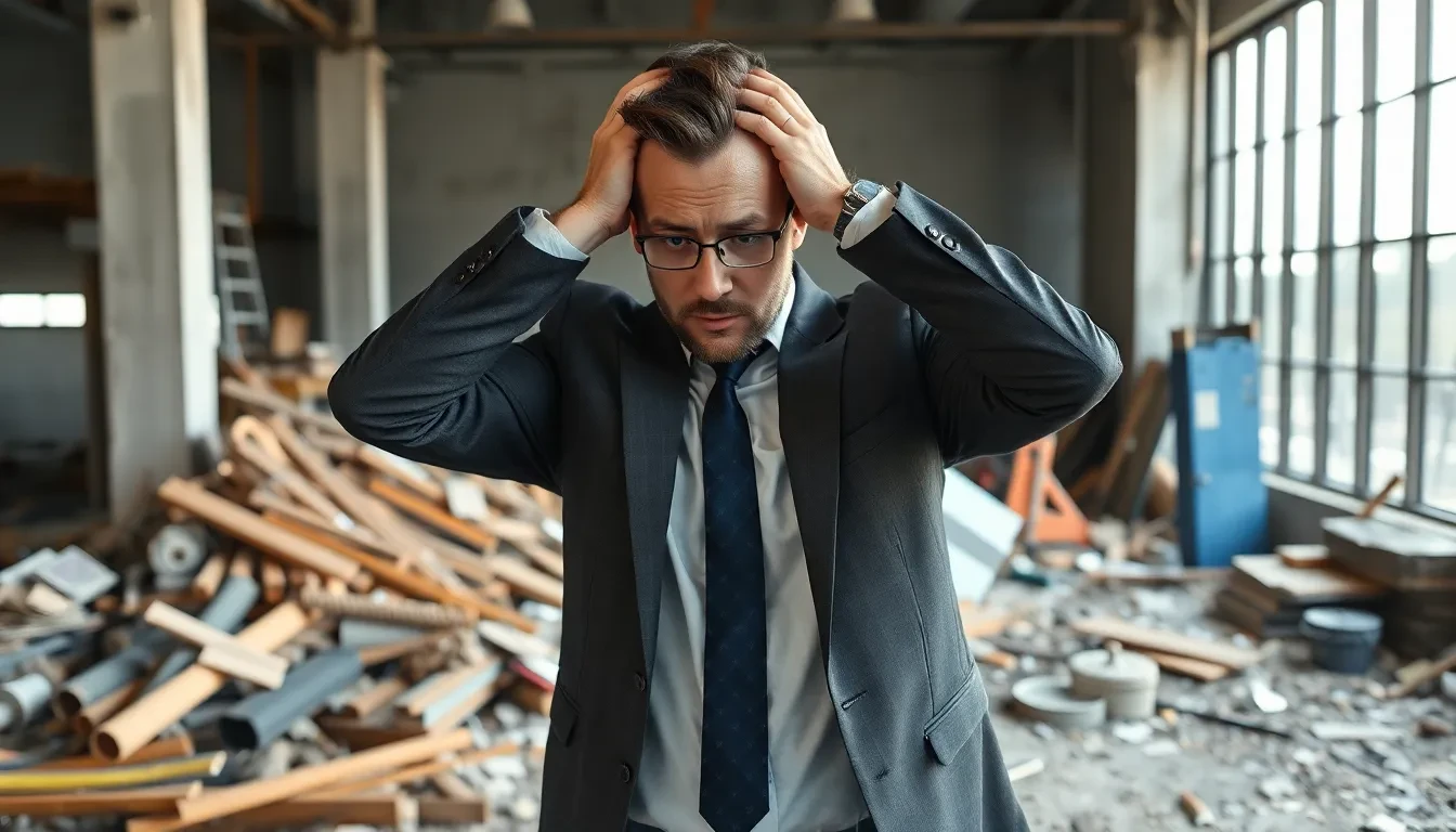 Frustrierter Geschäftsinhaber vor einer unordentlichen Baustelle