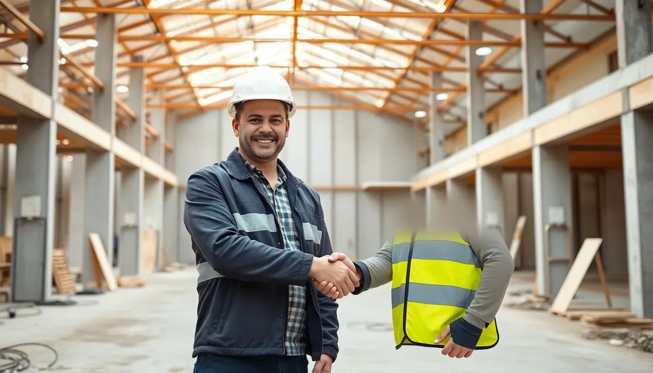 Zufriedener Kunde und Projektleiter auf einer aufgeräumten Rohbau-Baustelle