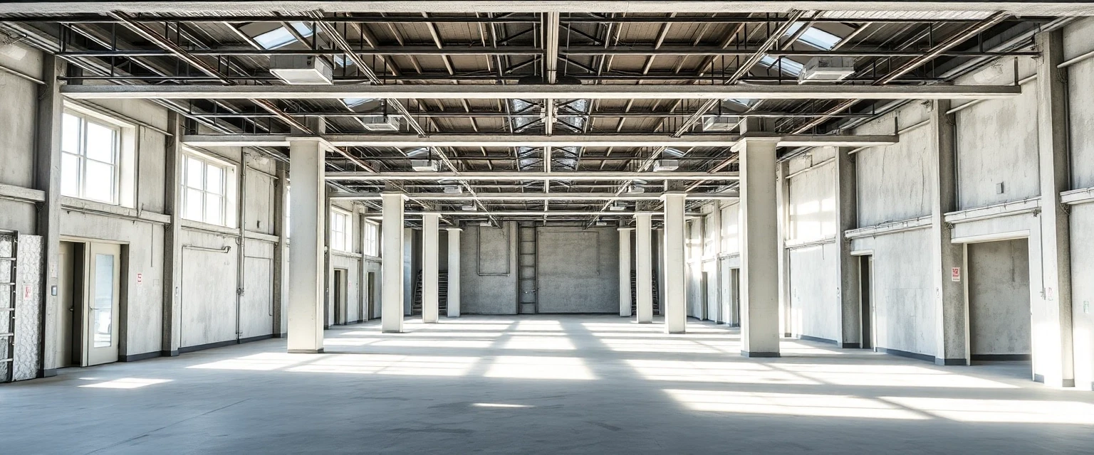 Leerer Gewerberaum im Rohbauzustand, bereit für neue Nutzung