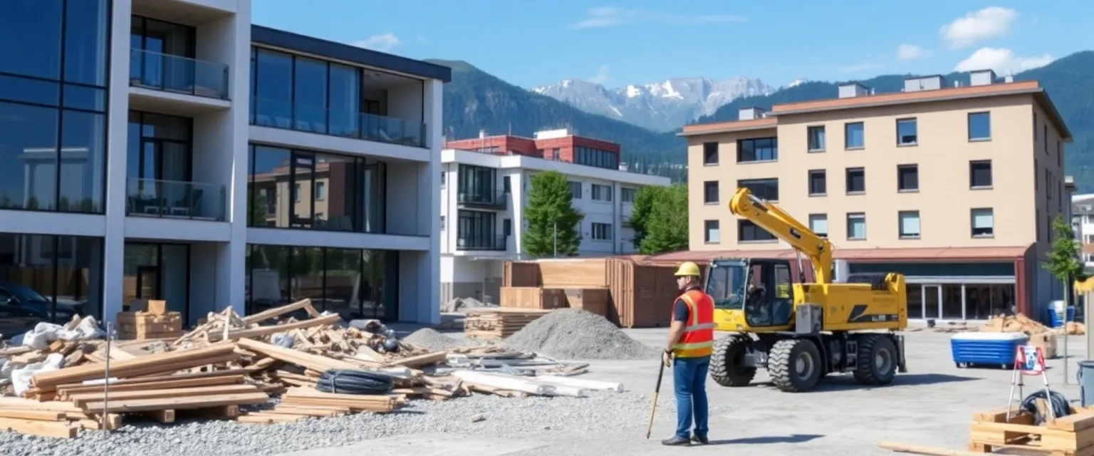 Professioneller Rückbau im Bezirk Zug mit Blick auf moderne Gebäude und Alpen