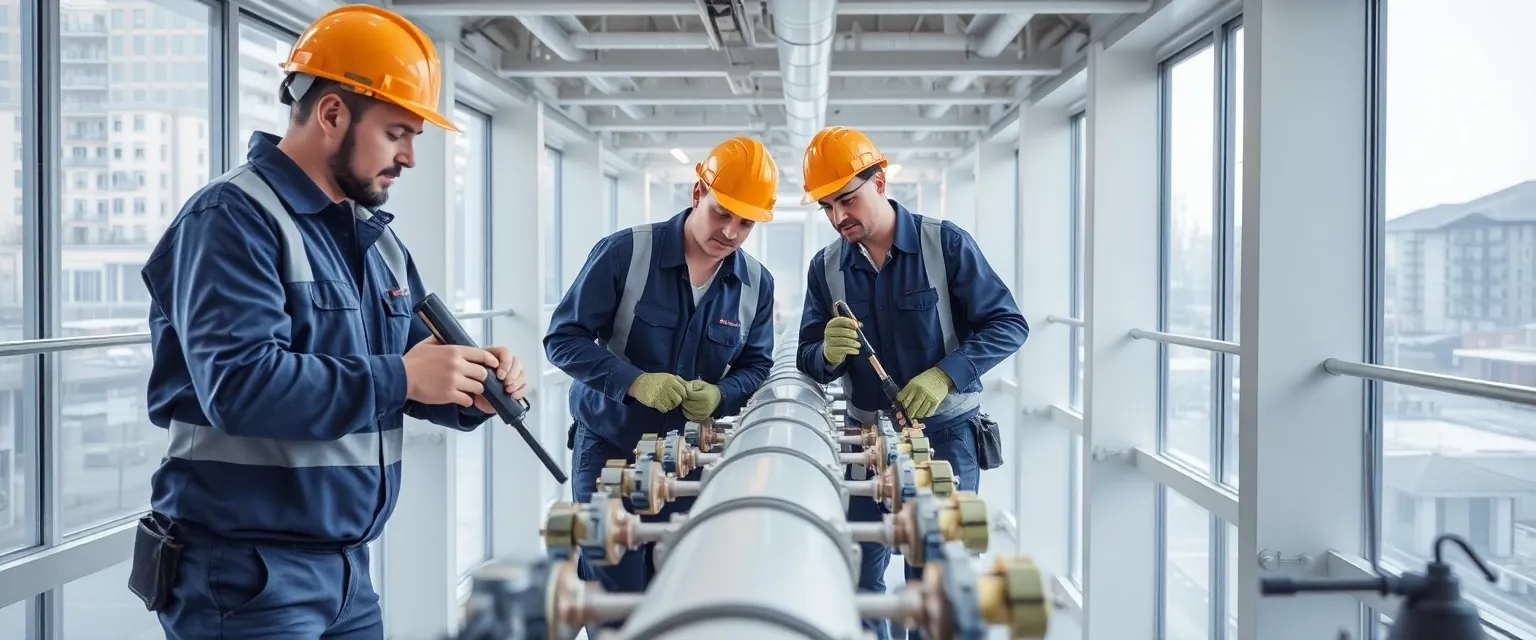 Professionelle Arbeiter beim Rückbau einer Gasleitung in einem Schweizer Gewerbegebäude