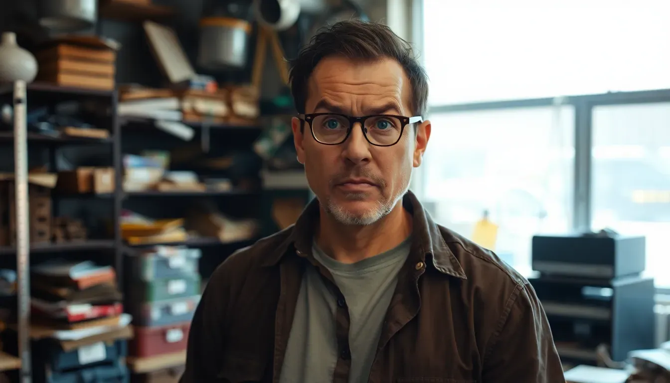 Frustrierter Geschäftsinhaber vor unordentlicher Baustelle