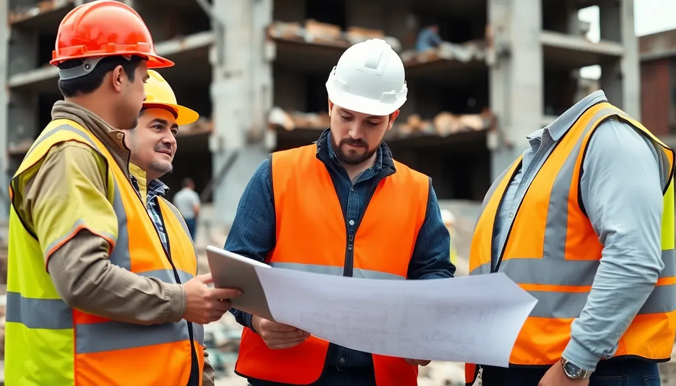 Rückbau-Team bespricht Pläne auf Baustelle