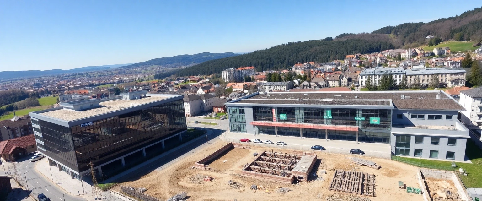 Luftaufnahme von Spreitenbach mit Gewerbegebäuden und Rückbauarbeiten