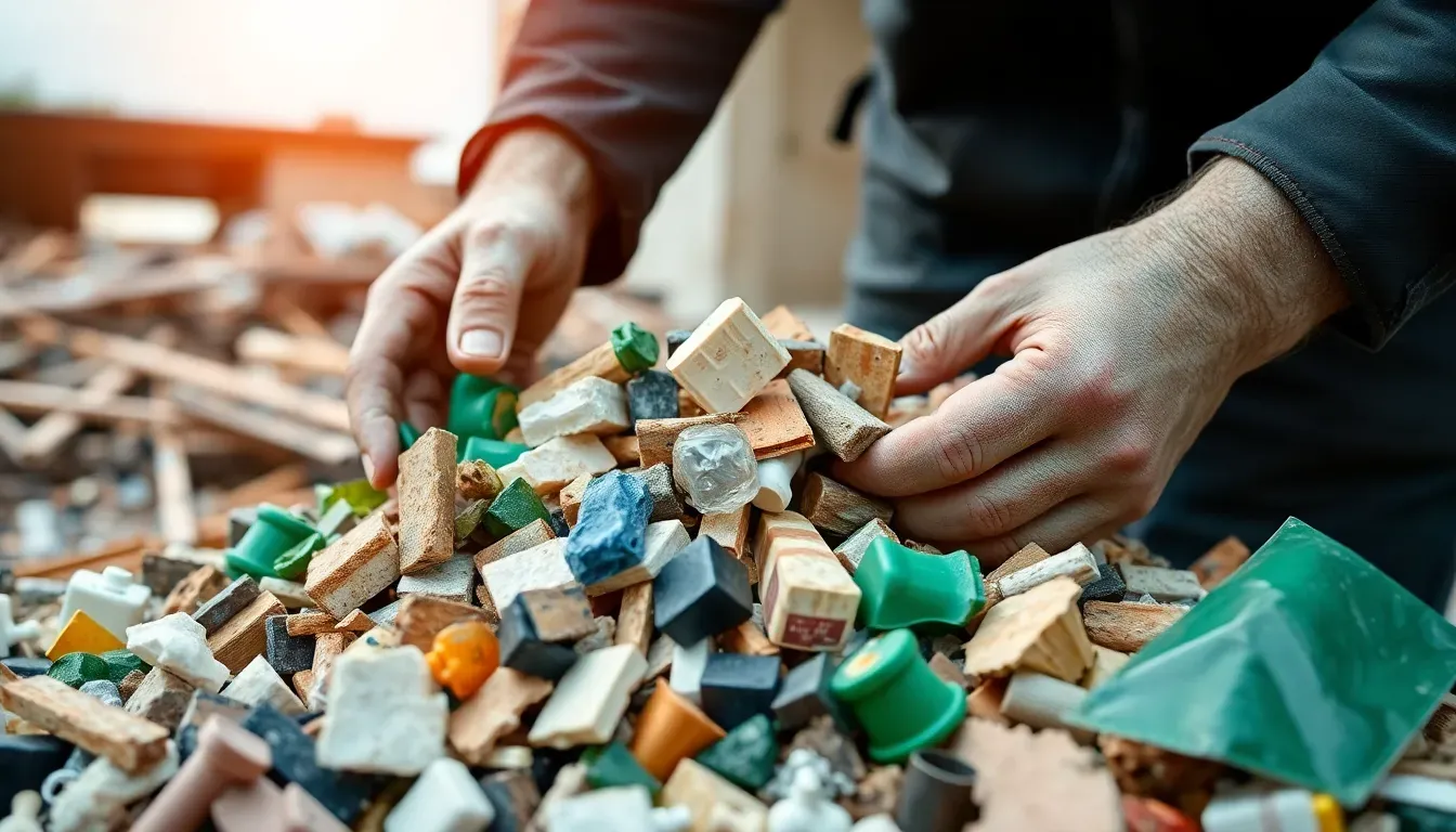 Mitarbeiter sortiert Baustoffe für Recycling beim Villenrückbau