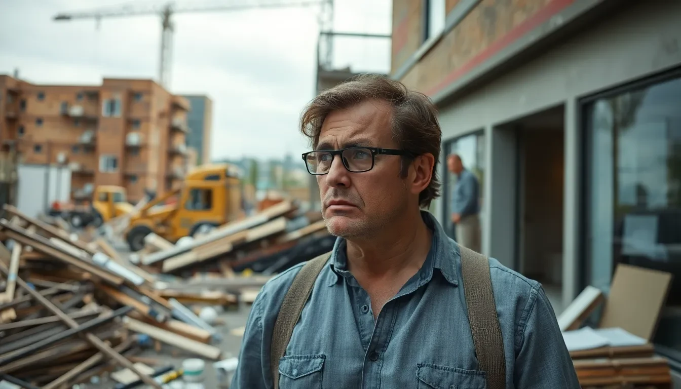 Frustrierter Geschäftsinhaber vor einer unordentlichen Rückbaustelle