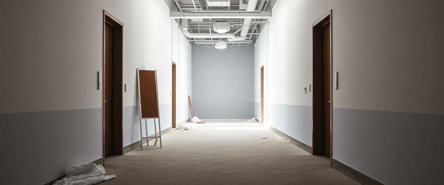 Professionelle Staubschutztür trennt Baustelle von sauberem Bürobereich