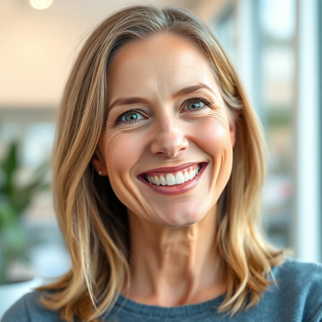 Eine glückliche Frau mit perfektem Lächeln dank der besten Zahnpflegeprodukte und professioneller Beratung.