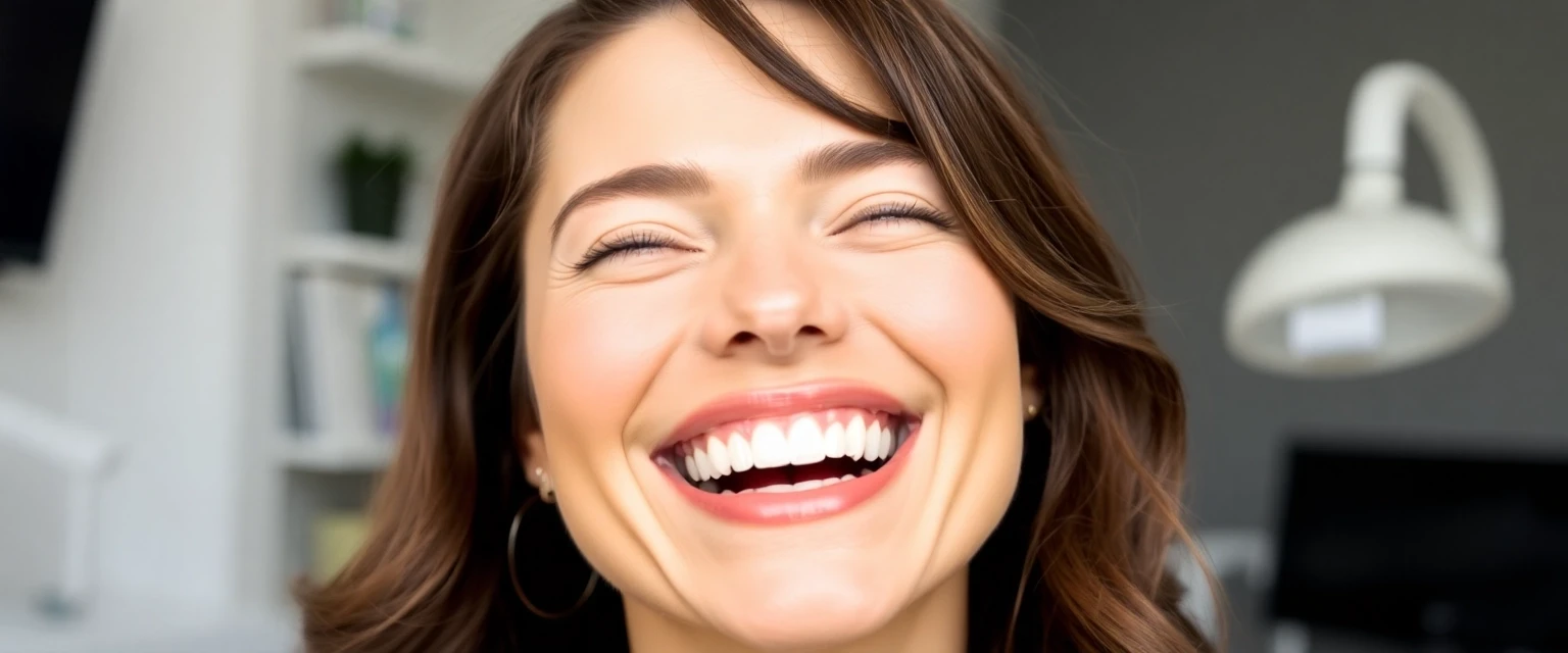 Frau mit strahlendem Lächeln dank bester Zahnfüllung