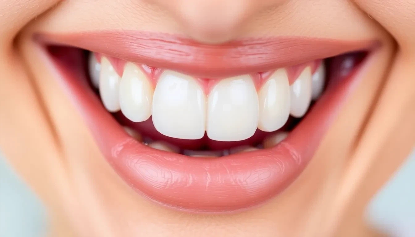 Nahaufnahme eines strahlenden Lächelns mit perfekt integrierten Zahnimplantaten