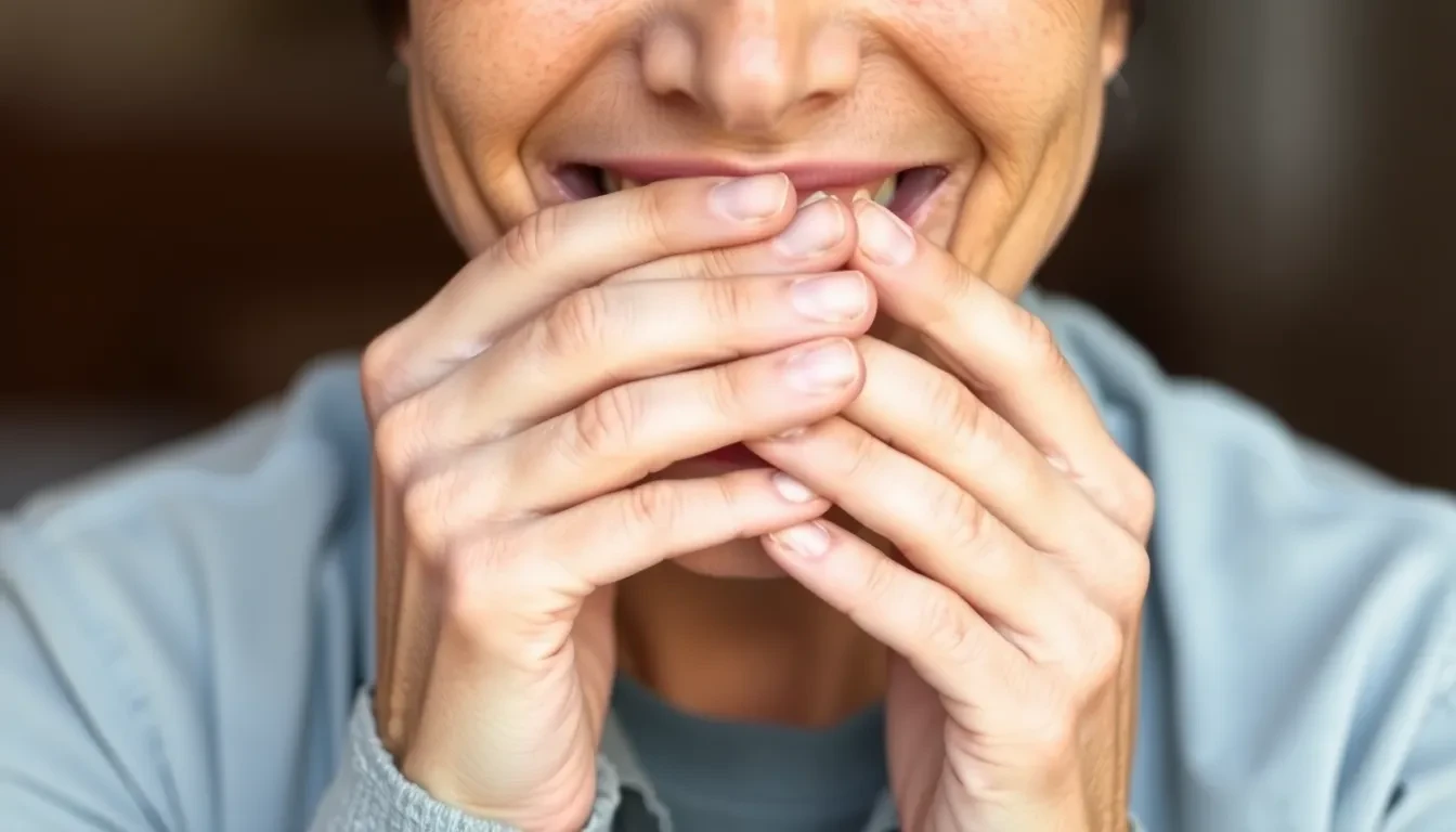 Person mit Scham über unnatürliche Zahnprothese