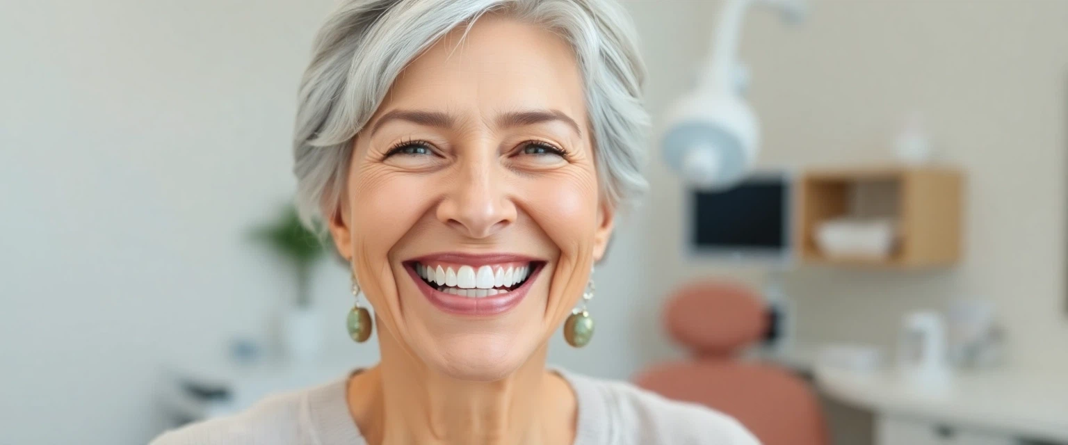 Frau mit strahlendem Lächeln dank Dentalimplantaten