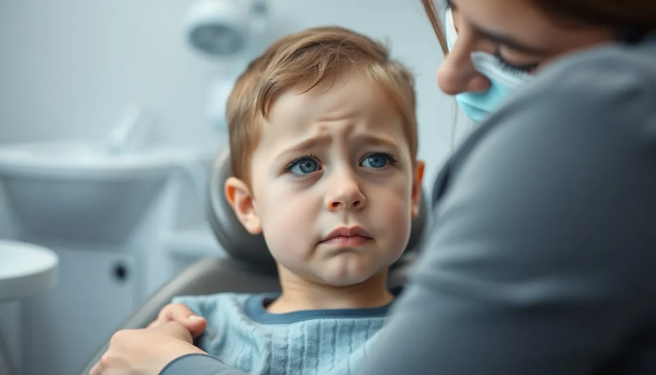 Besorgtes Kind beim Zahnarzt, von Elternteil getröstet