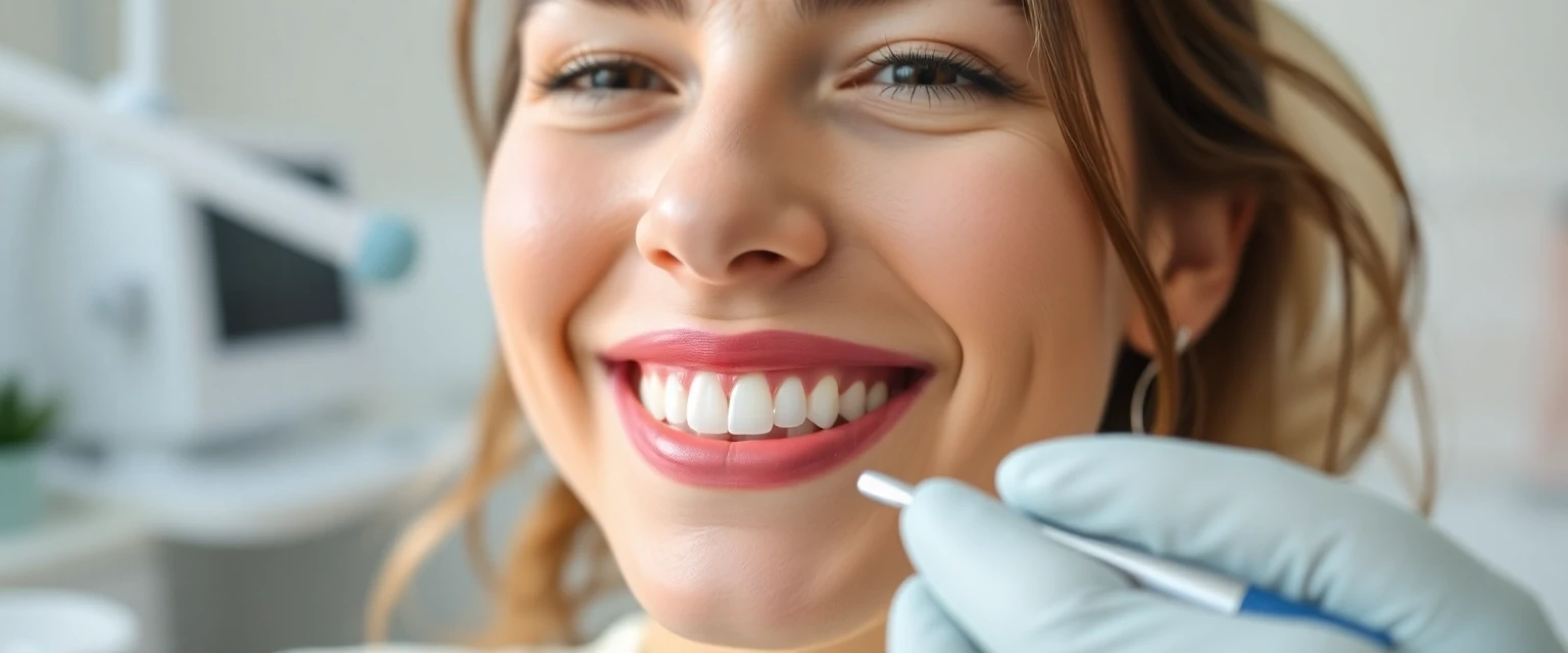 Glückliche Patientin nach Dentalhygiene in moderner Zahnarztpraxis