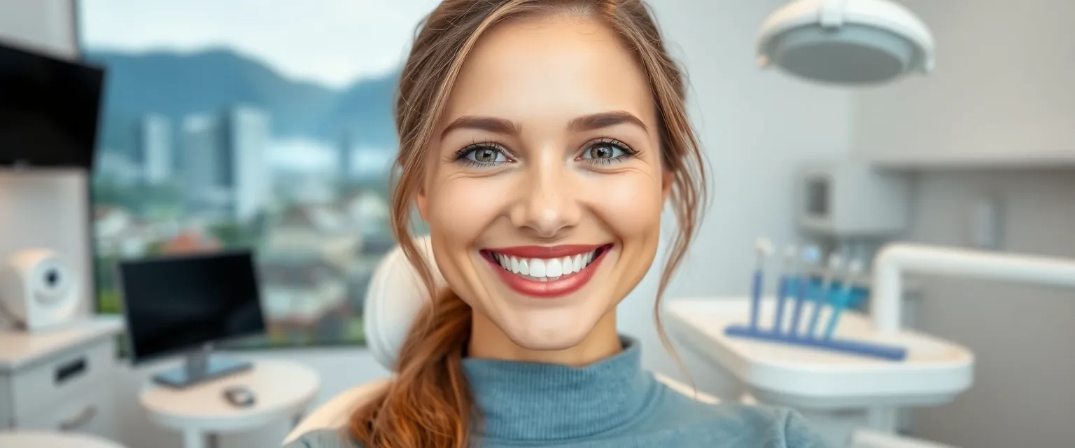 Frau mit strahlendem Lächeln nach Dentalhygiene in der Schweiz