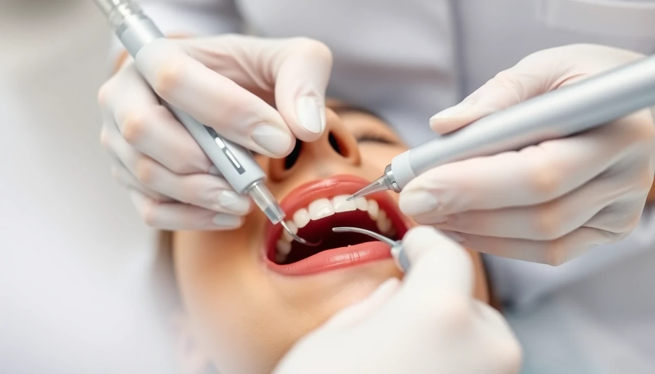 Nahaufnahme einer Dentalhygienikerin bei der professionellen Zahnreinigung mit modernen Geräten