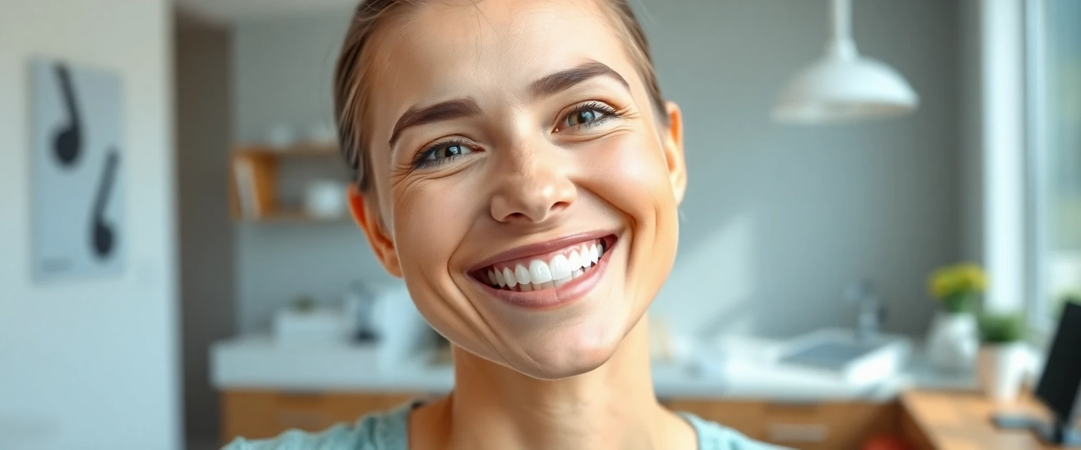 Glückliche Person nach professioneller Zahnreinigung in der Praxis Bontognali