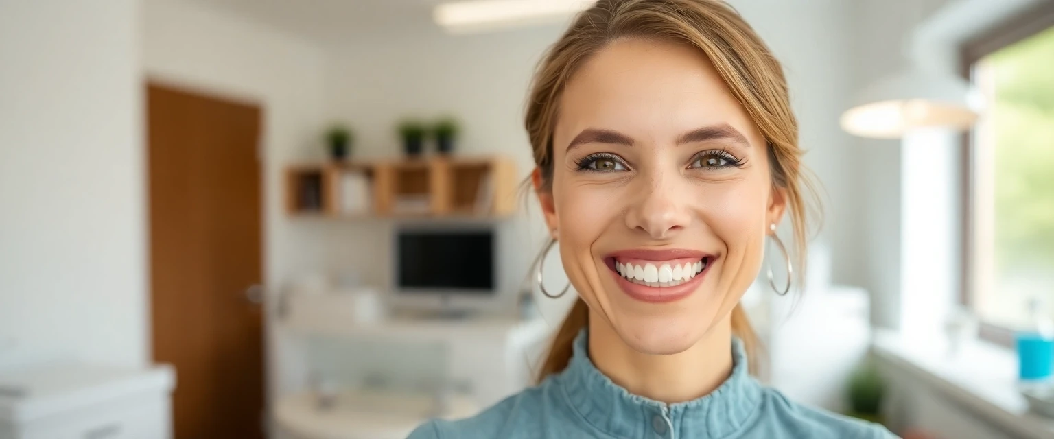 Glückliche Frau mit strahlendem Lächeln nach professioneller Zahnreinigung in der Praxis Bontognali