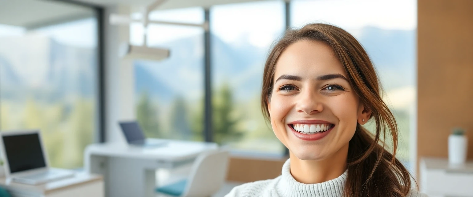 Zufriedener Patient mit einer neuen Zahnkrone in der Praxis Bontognali