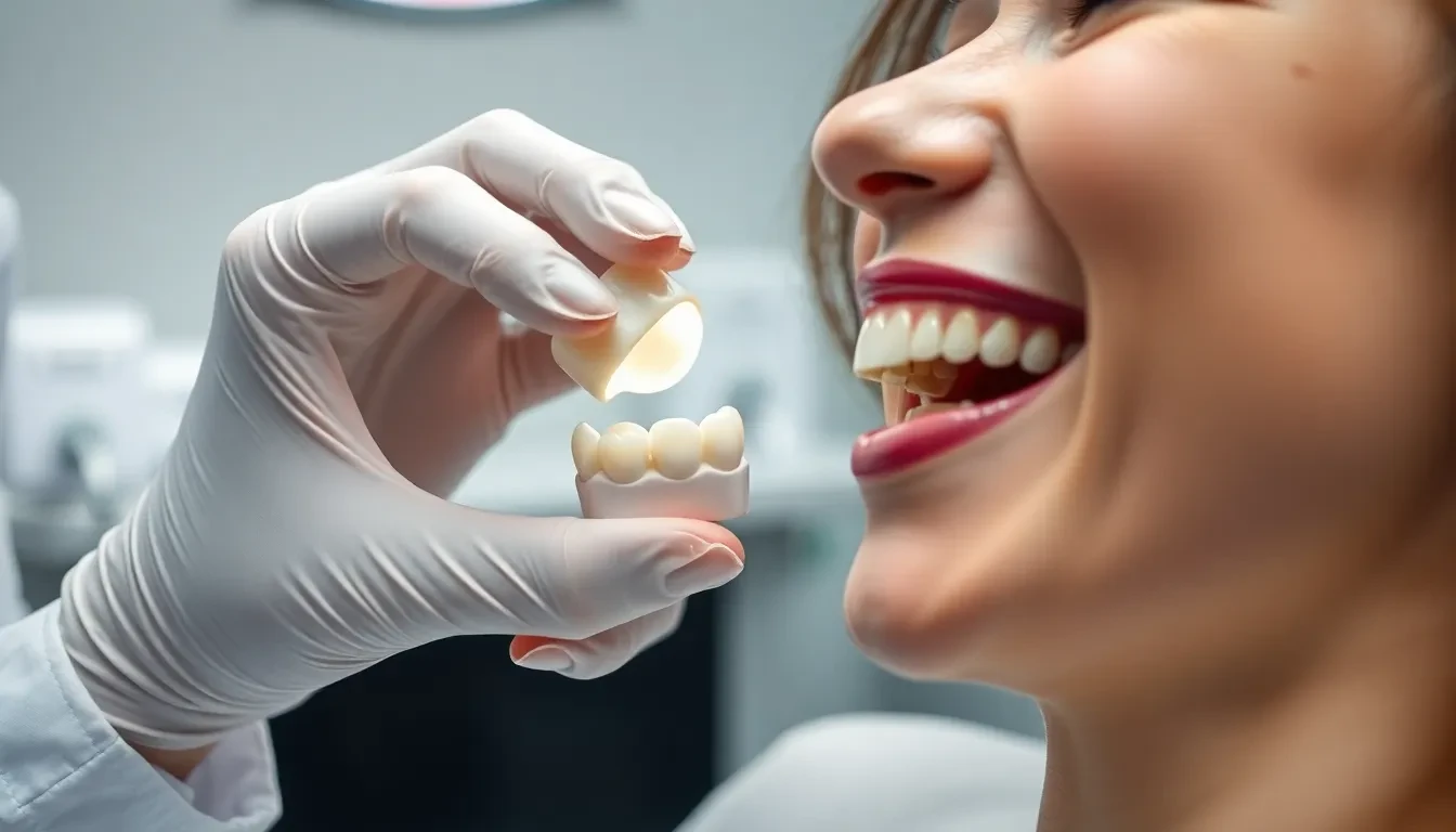 Zahnarzt setzt Keramikkrone ein