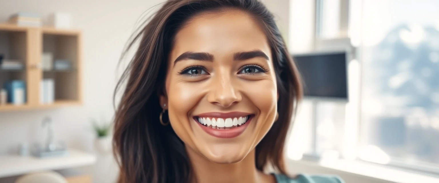 Glücklicher Patient mit perfekter Zahnkrone in moderner Zahnarztpraxis