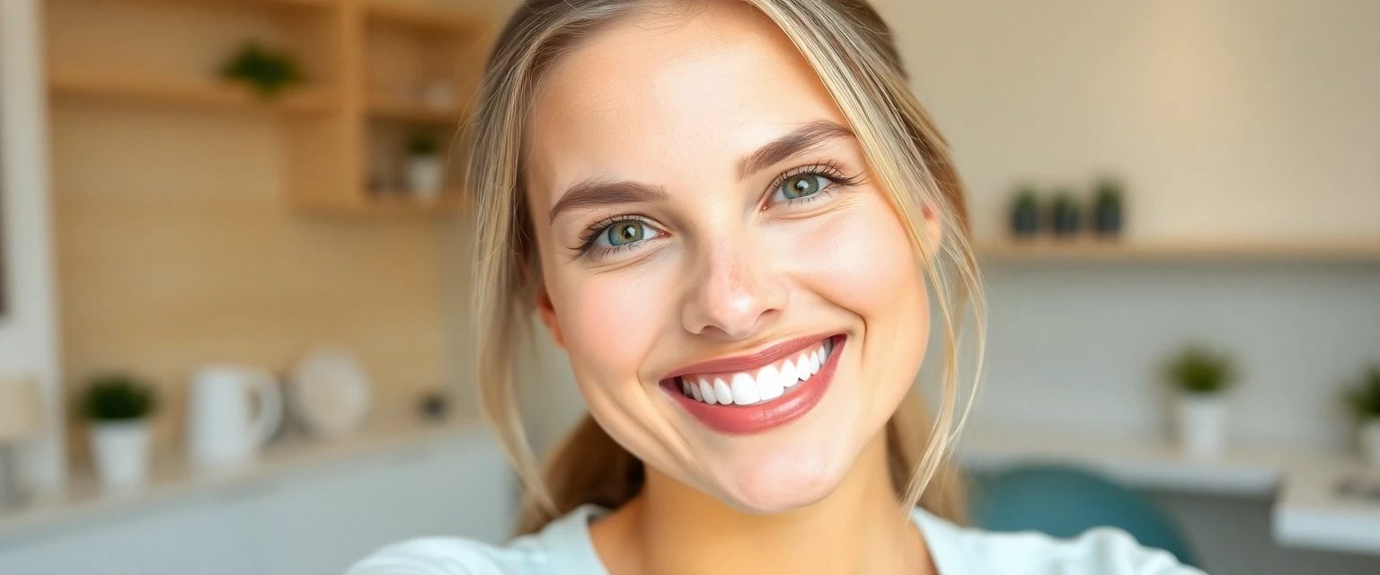 Frau mit strahlendem Lächeln nach professioneller Zahnreinigung