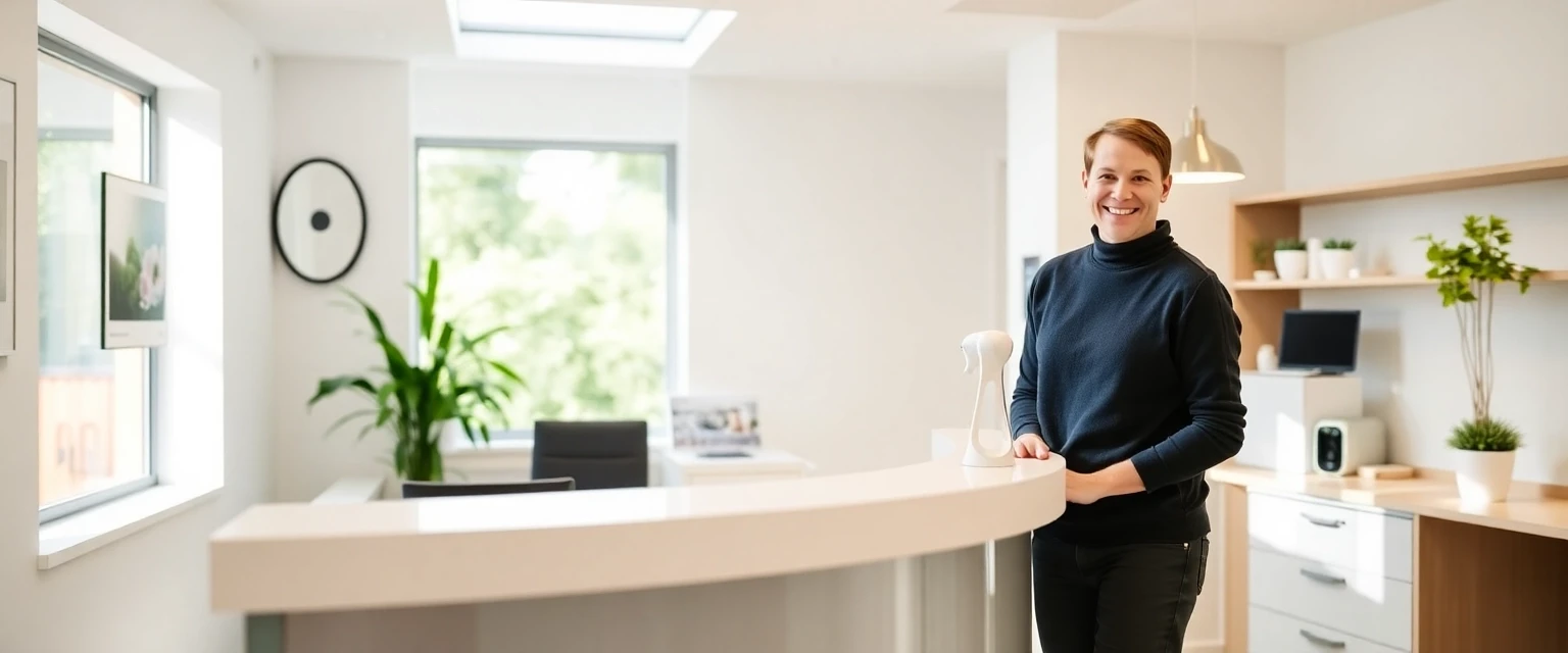 Lachende Patientin an der Rezeption nach schnellem Zahnarzttermin