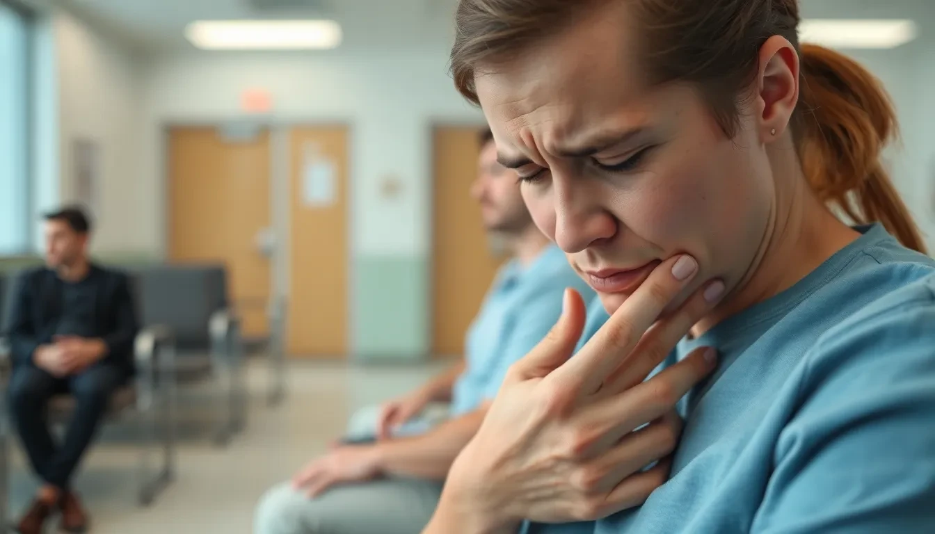 Person mit Zahnschmerzen wartet in Zahnarztpraxis