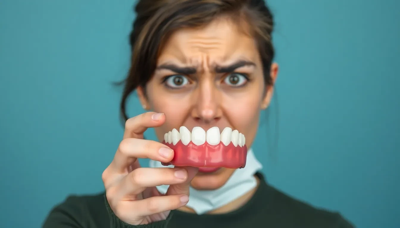 Gestresste Person mit provisorischer Zahnkrone