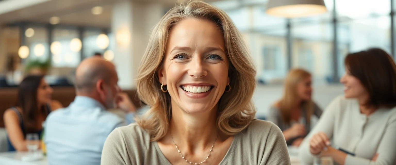 Frau mit strahlendem Lächeln dank Straumann Implants, geniesst ein Essen mit Freunden