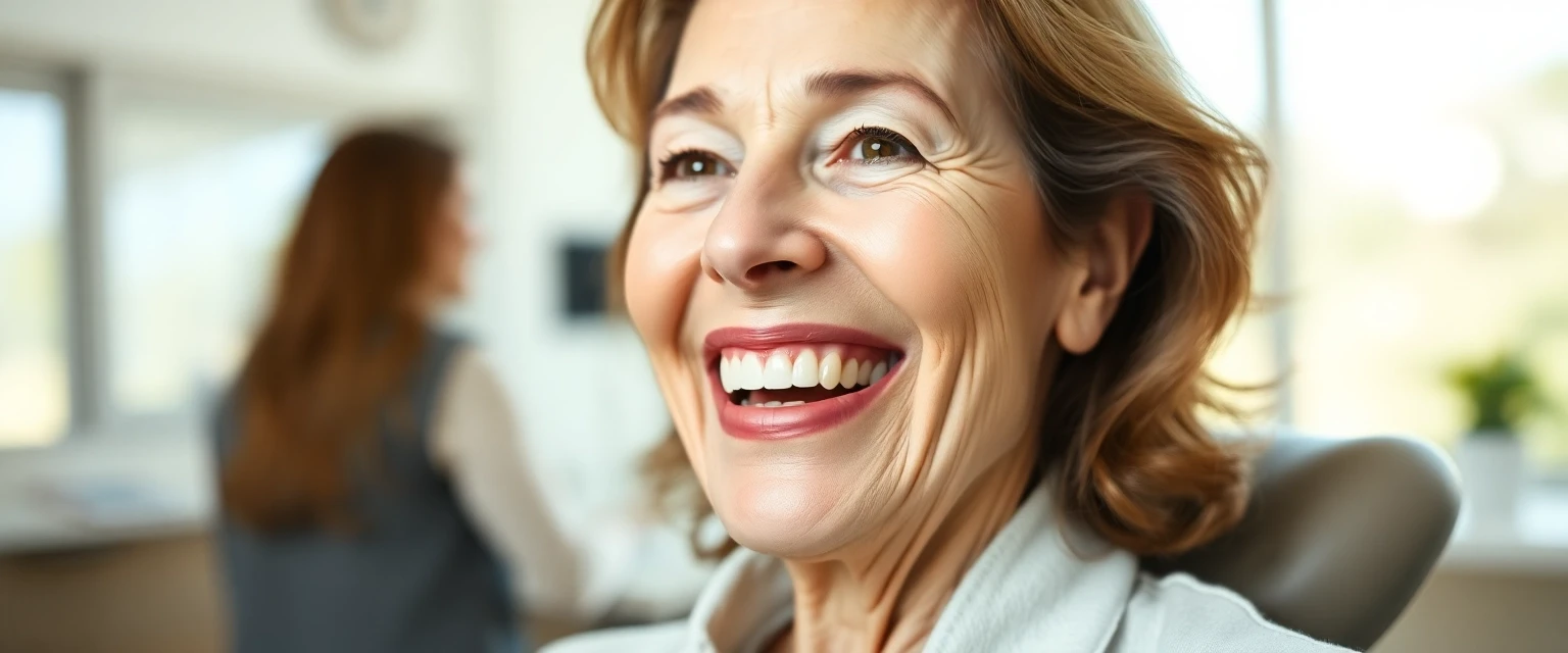 Glückliche Seniorin mit hochwertigem Gebiss, strahlend lächelnd