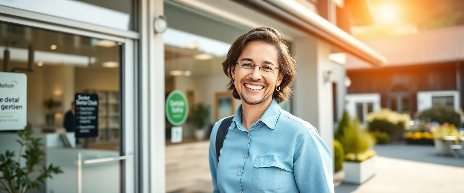 Glücklicher Patient verlässt moderne Zahnarztpraxis in Niederbipp mit strahlendem Lächeln