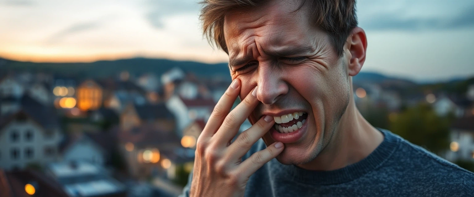 Person mit Zahnschmerzen, die dringend einen Zahnarzt Notfall sucht