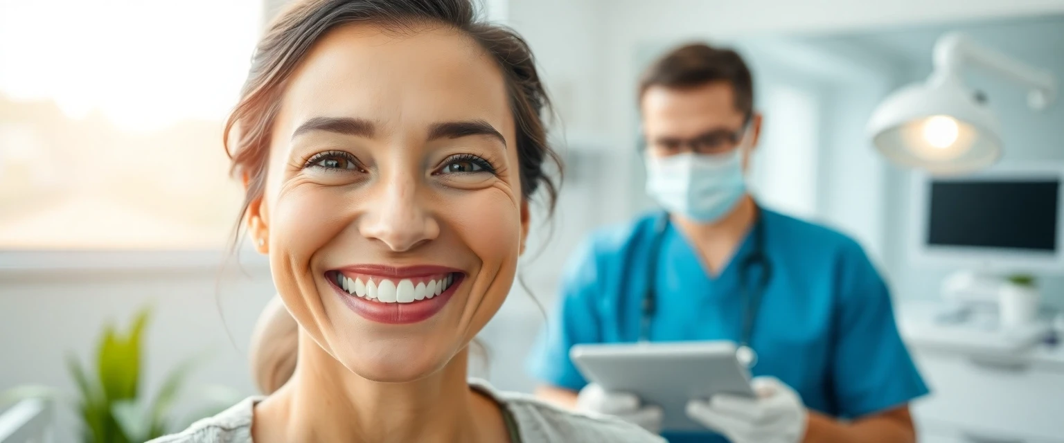 Glückliche Patientin mit strahlendem Lächeln nach erfolgreicher Zahnbehandlung in der Praxis Bontognali